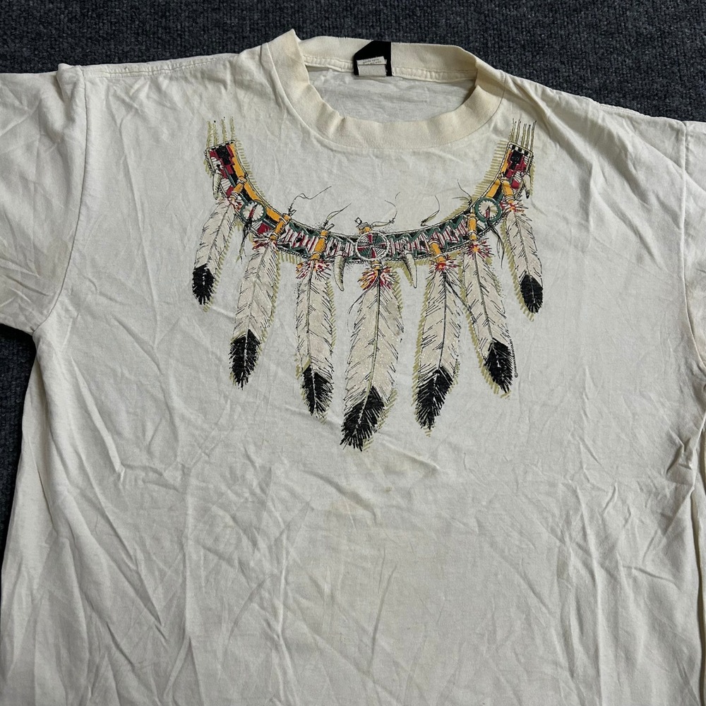 Diamond Dust T-Shirt Mens Size L Cream Feather Graphic Glitter Western Vintage